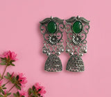 Oxidised Green Stone Jhumka Earrings