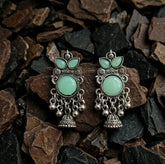 Oxidised Mint Green Stone Jhumka Earrings