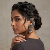 Ear Cuff Jhumka Earrings – Oxidised Peacock Design | Silver-Tone Heritage Collection
