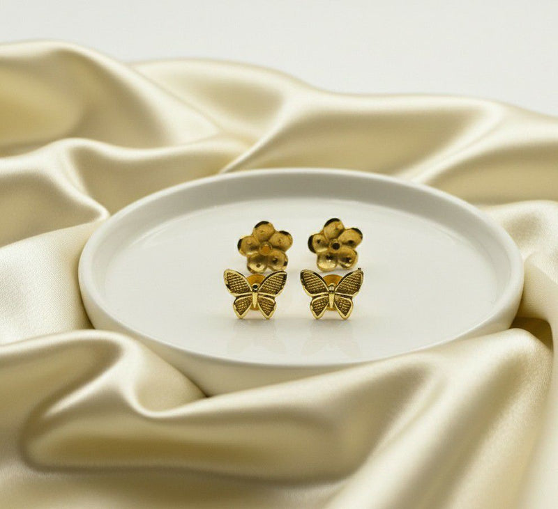 Gold Butterfly & Floral Stud Earrings Set