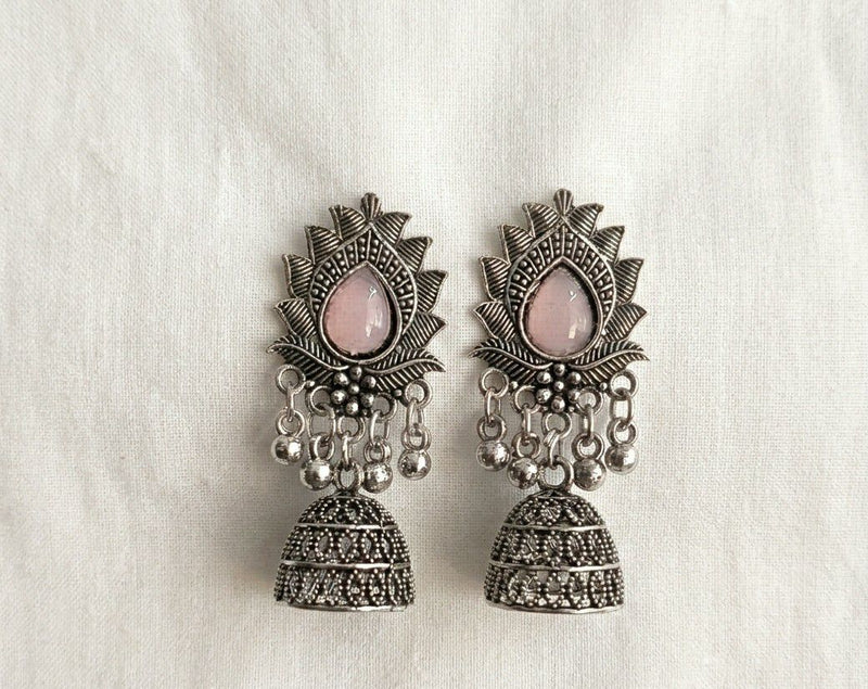 Oxidised Lotus Jhumka Earrings
