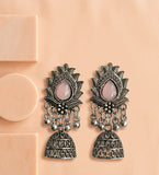 Oxidised Lotus Jhumka Earrings