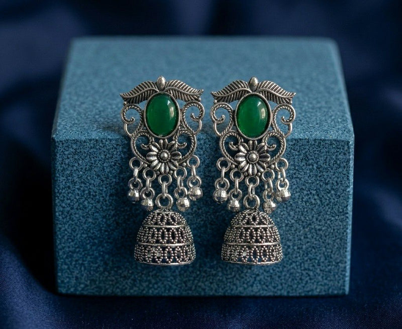 Oxidised Green Stone Jhumka Earrings