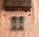 Oxidised Green Stone Jhumka Earrings