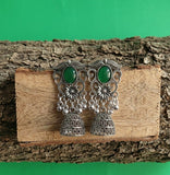 Oxidised Green Stone Jhumka Earrings