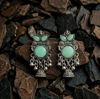 Oxidised Mint Green Stone Jhumka Earrings