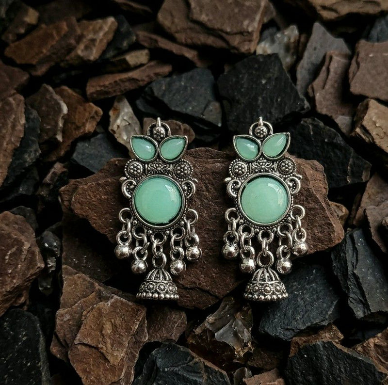 Oxidised Mint Green Stone Jhumka Earrings