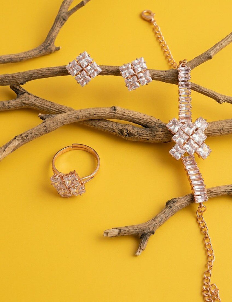 Rose Gold Crystal Bracelet, Ring & Earrings Set