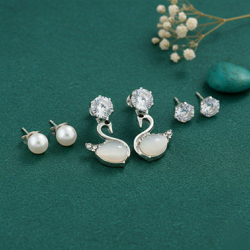 3-Pair Silver Swan Earrings Set