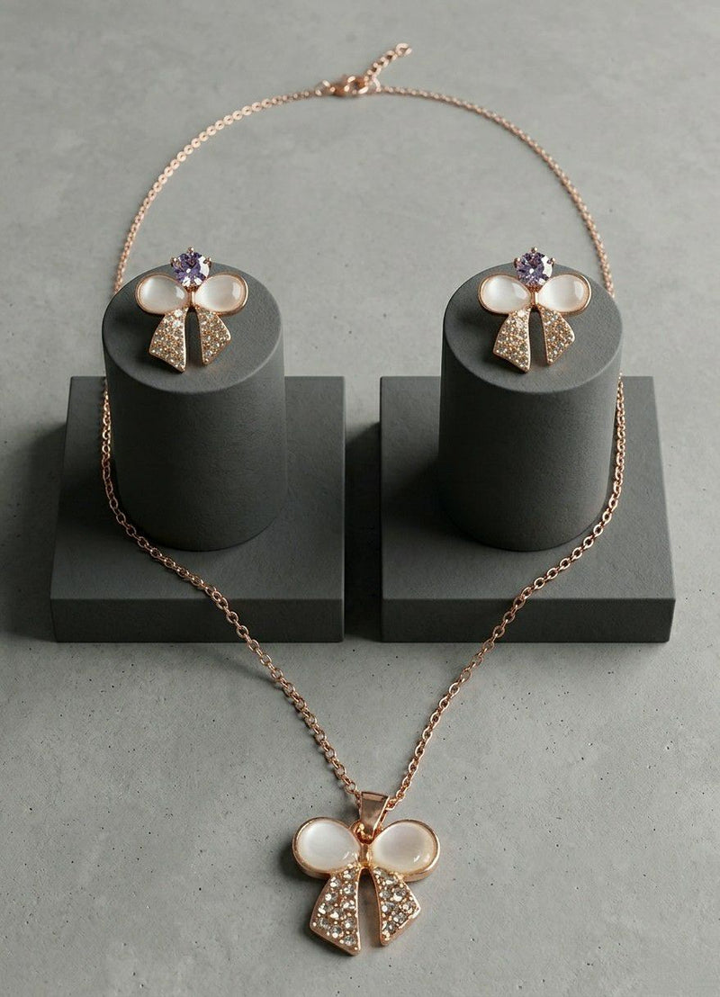 Elegant Pearl Bow Pendant Necklace & Stud Earrings Set