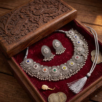 Oxidised Silver-Tone Multicolour Medallion Choker Set