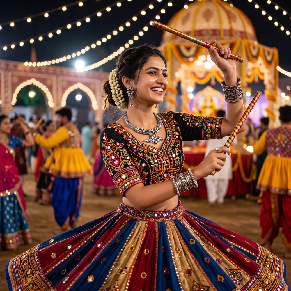 Model wearing the hasli necklace set with Navratri garba outfit