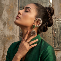 Dual Tone Navratna Floral Ear Cuff with Green Meenakari Heart & Jhumka Drop