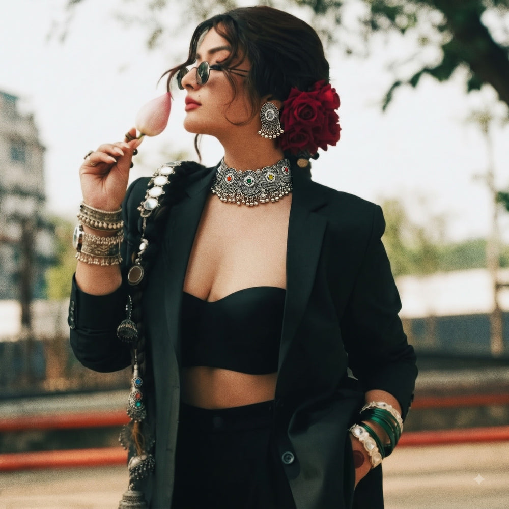 Model wearing an oxidised silver-tone multicolour choker and matching earrings