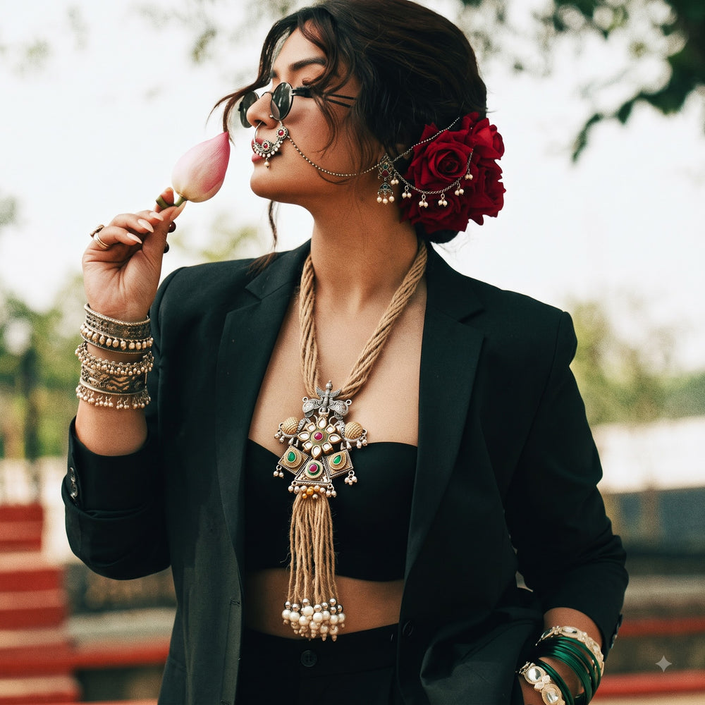 Model wearing the elephant pendant tassel necklace with traditional clothing; other accessories not included