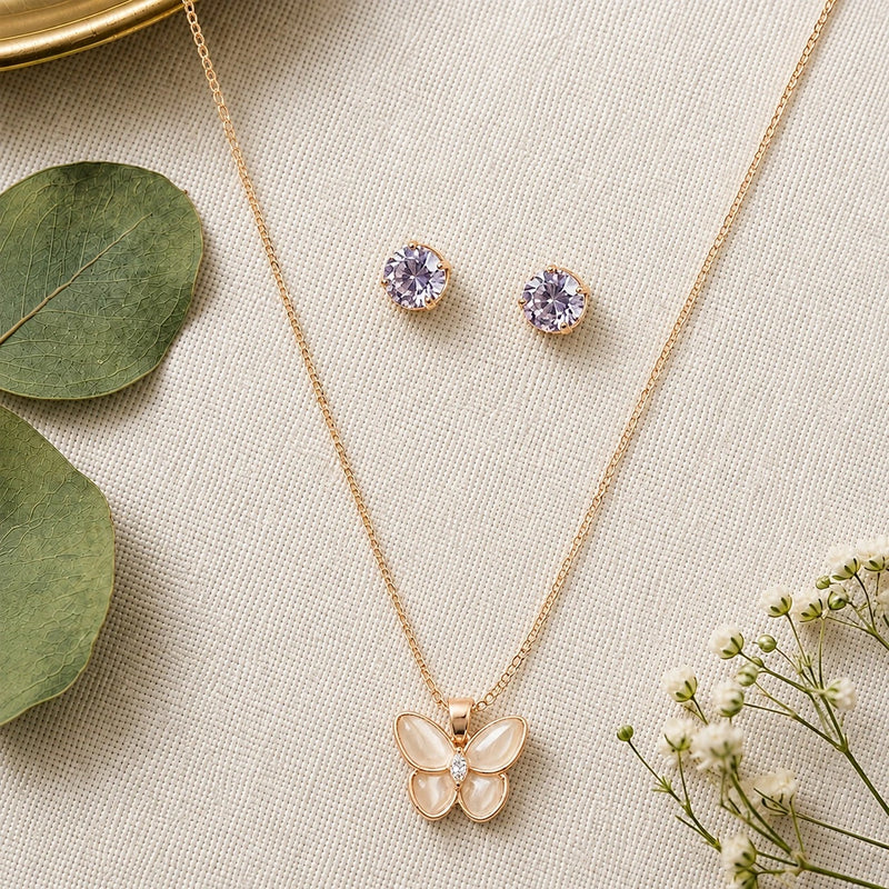 Butterfly Pendant Necklace & Stud Earrings Set