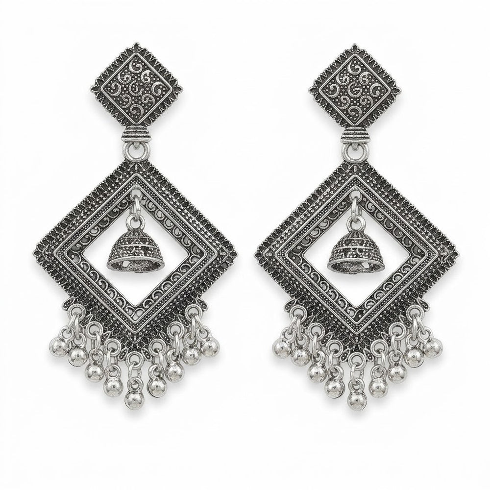 Oxidized silver diamond kite jhumka earrings, white background product shot