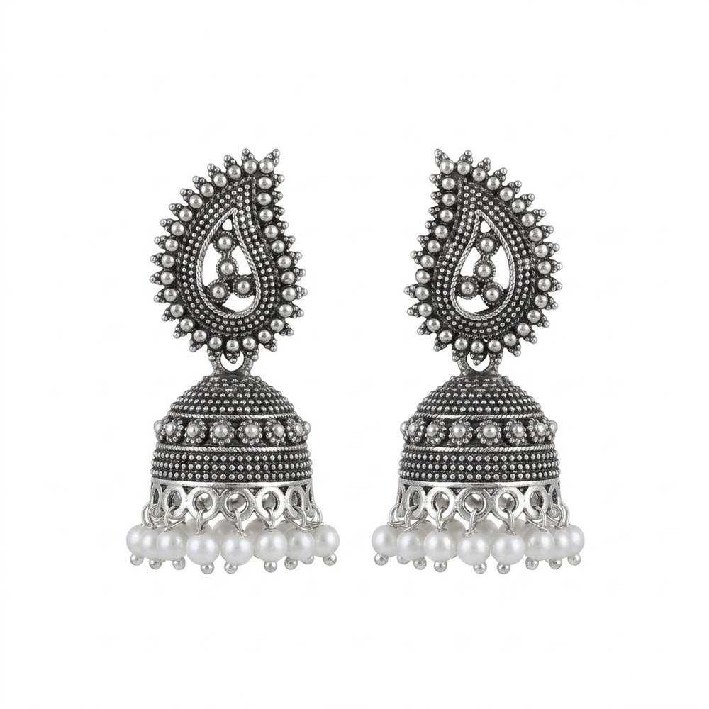 Oxidized silver paisley jhumka earrings with pearl drops, white background product shot