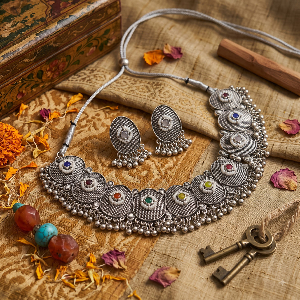 Oxidised silver-tone choker necklace with matching oval earrings on an aesthetic background