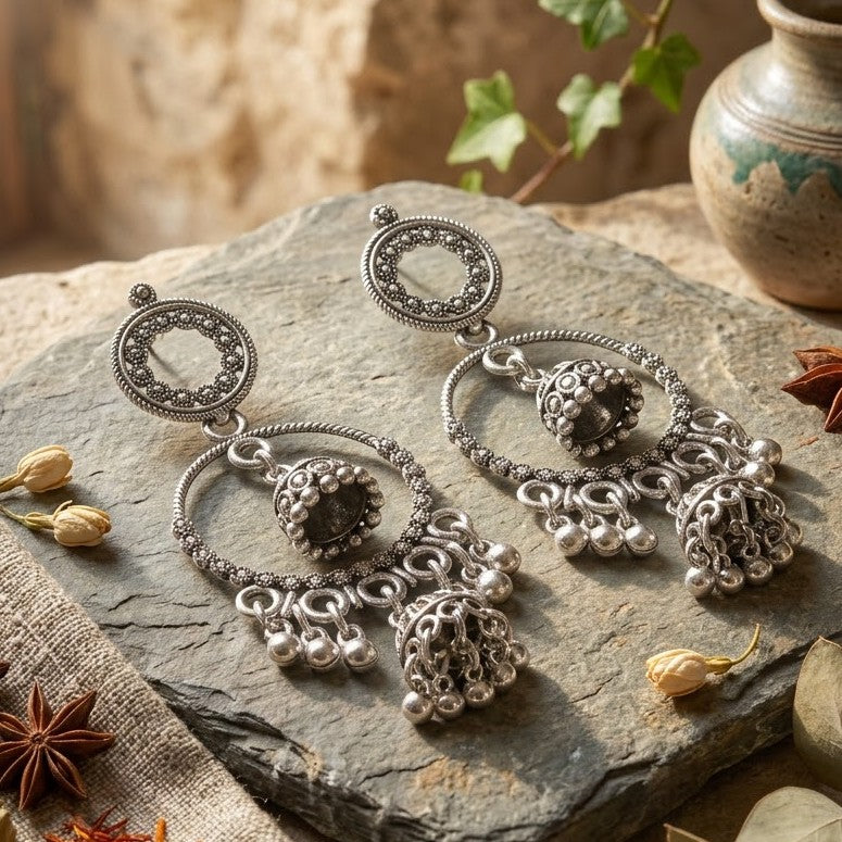 Oxidized silver double hoop chandbali with jhumka earrings on ornate brass stand with indigo fabric and coins flat lay