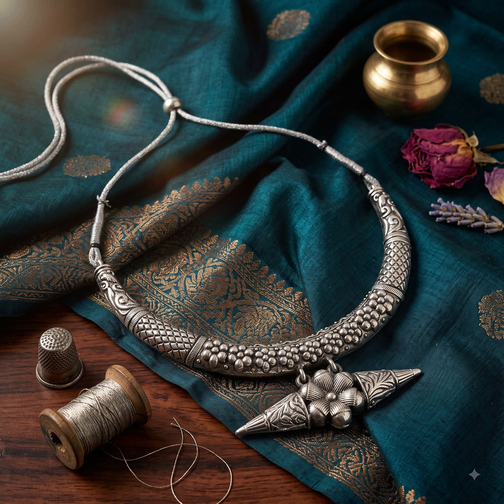 Oxidised hasli necklace set on indigo fabric with festive props