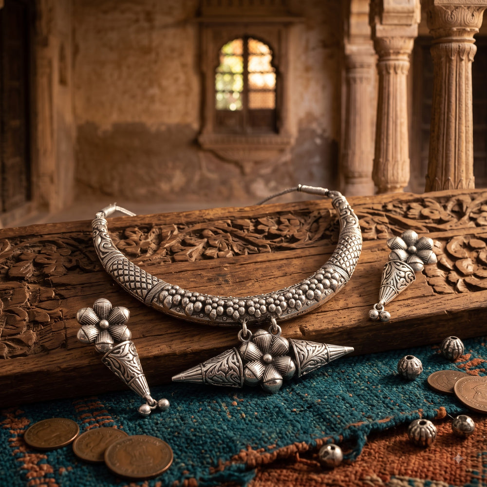 Oxidised hasli necklace and earrings set on carved wood background