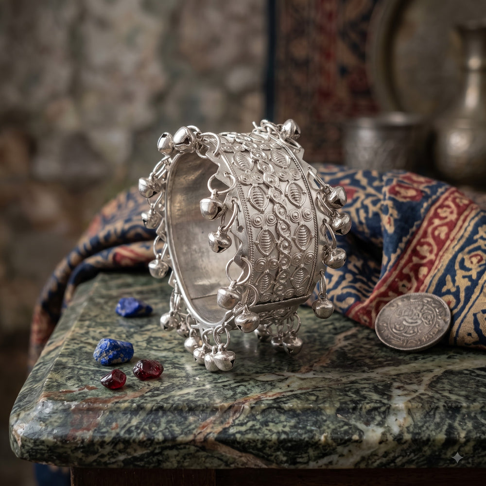 Silver wide filigree bangle with ghungroo drops on carved dark walnut wood box with antique brass spoon and silver coin, heritage flat lay on blue linen showing open circular interior and crown top edge