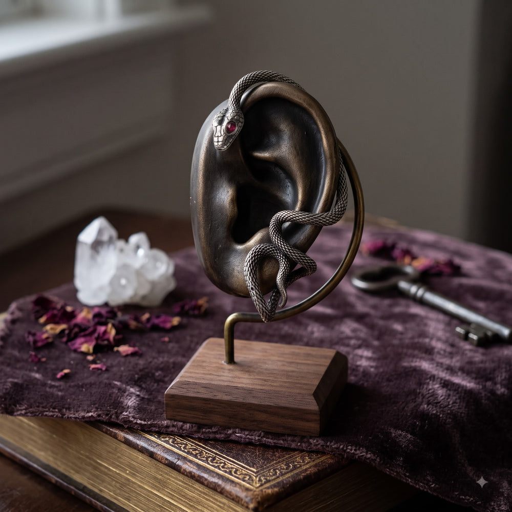 Oxidized silver snake ear cuff with red eye on bronze ear mannequin mounted on walnut wood base, purple velvet book with crystal quartz cluster, dried rose petals and antique iron key, moody dark editorial setting