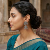 Indian model in teal silk saree wearing oxidized silver peacock jhumka earrings, elegant side profile with bun updo, heritage haveli background