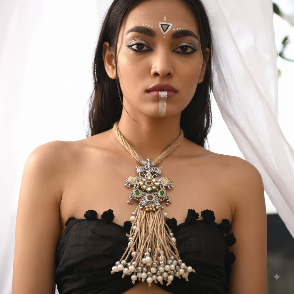 Model wearing the long tribal elephant pendant and tassel necklace