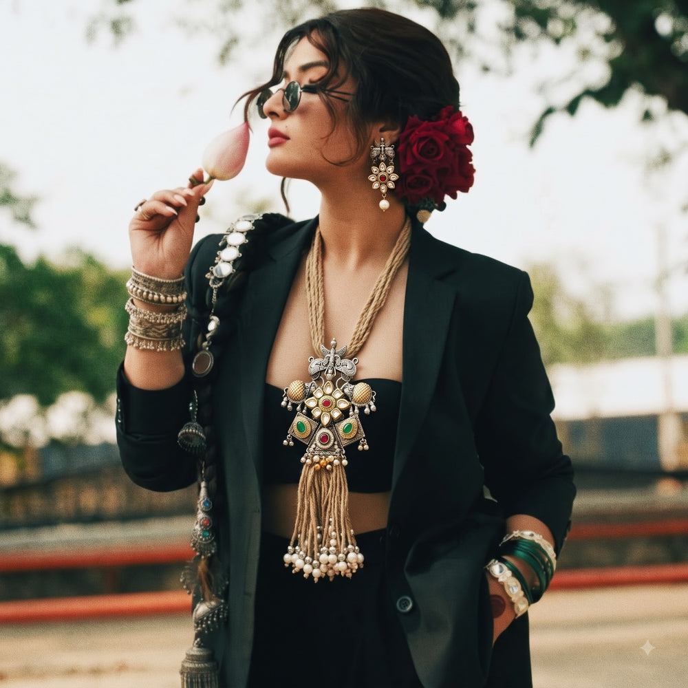 Model wearing the long tribal tassel necklace with a contemporary outfit; other accessories not included