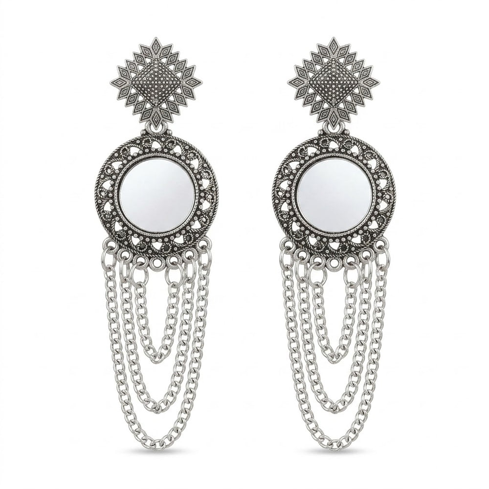 Pair of oxidized silver sun star mirror chandelier earrings with chain tassels on earring stand, clean background