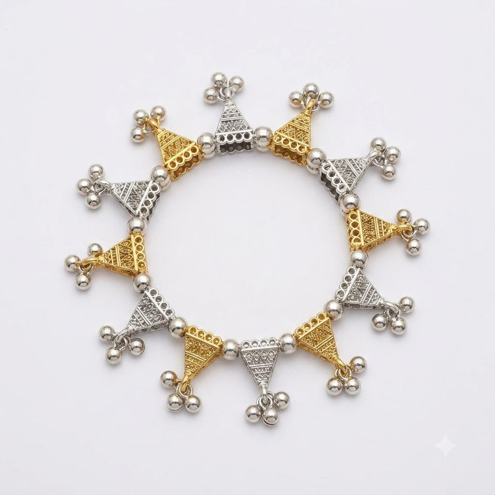 Dual tone gold and silver filigree triangle ghungroo charm bracelet laid flat in full circle on white background, clean product shot showing all triangle charms and ball bead links