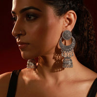 Oxidized Silver Sunburst Chandbali Jhumka Earrings with Ghungroo Drops
