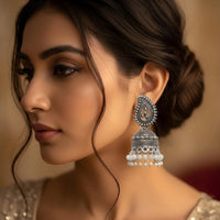 Oxidized Silver Paisley Stud Pearl Drop Jhumka Earrings