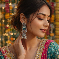 Oxidized Silver Peacock Feather Jhumka Earrings